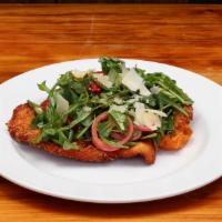 Chicken Milanese · Crispy Chicken Cutlet, Arugula, Preserved Tomatoes, Pickled Red Onion, Shaved Pecorin