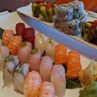 Sushi For 2. · 18 pcs sushi 12 pcs sashimi w. spicy tuna roll & green dragon roll.