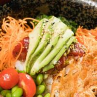 Salmon Poke Bowl · Salmon, edamame, avocado, seaweed salad, kani salad, cherry tomato, scallion, shichimi, sesa...