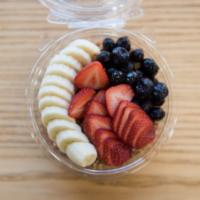 Acai America Bowl · Acai, banana, strawberries, blueberries, almond milk, agave.
Topped with Granola and Fruit