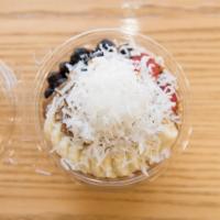 Acai Coconut Bowl · Acai, banana, strawberries, almond milk, agave.
Topped with Granola and Fruit