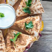 Four Cheese Quesadilla With Bacon
& Jalapeños · Mouthwatering Quesadilla made with Pepper jack cheese, Swiss cheese, fresh Mozzarella cheese...
