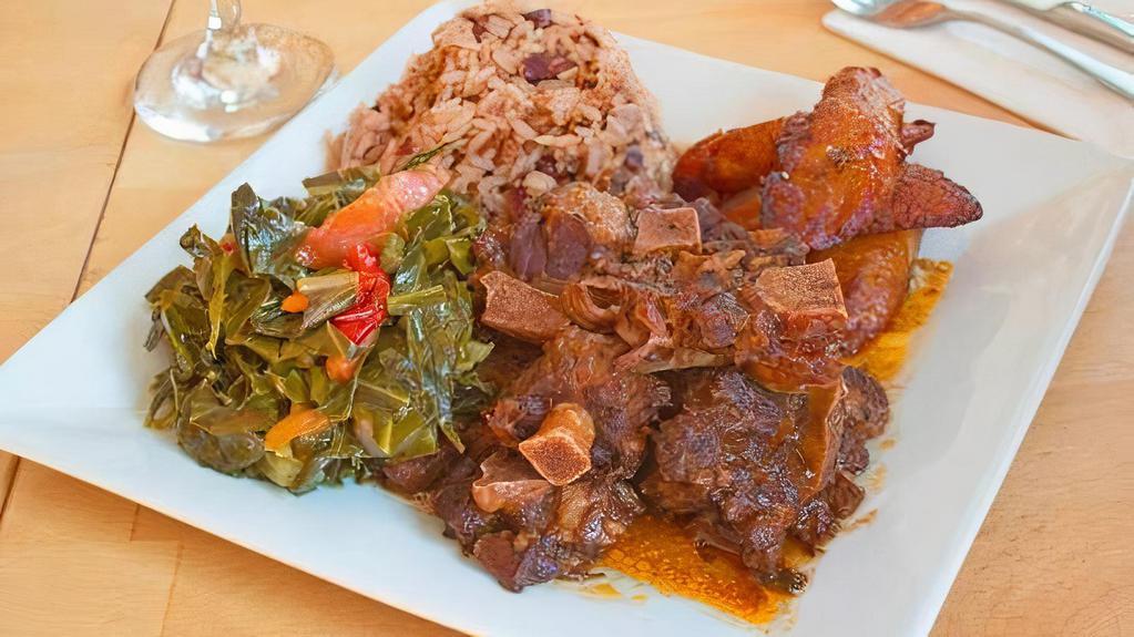 Oxtail · Slow braised beef, rice and peas, collard greens.