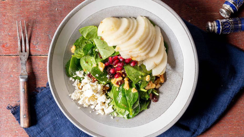 Spinach & Pear Salad · Pomegranate and feta cheese.