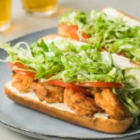 Fried Shrimp Po Boy · Sandwich with shrimp deep fried, tomato, romaine and homemade sauce. Served with your choice...