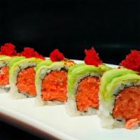 Godzilla Roll · Spicy tuna, crunchy inside, topped with avocado and tobiko.