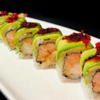 Crazy Friday Roll · Shrimp tempura and spicy lobster salad topped with avocado and roe.