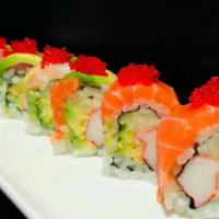 Rainbow Roll · Salmon, tuna, white fish and avocado on top, crab stick, avocado and cucumber inside.