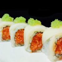 Dancing Salmon Roll · Spicy salmon and crunchy topped with white tuna, miso sauce, and wasabi caviar.