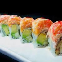 Honeymoon Roll · Eel, cucumber, avocado inside topped with spicy kani and eel sauce.