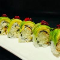 Dragon Roll · Eel and cucumber inside topped with avocado and tobiko.