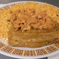 Plate #7 · 1 Pastele, Gandule rice & chorizo sausage or Pastele stew.