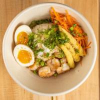 Shrimp Teriyaki Bowl · sticky white rice / coconut amino teriyaki / seasoned egg / shaved carrot / baby corn / toas...