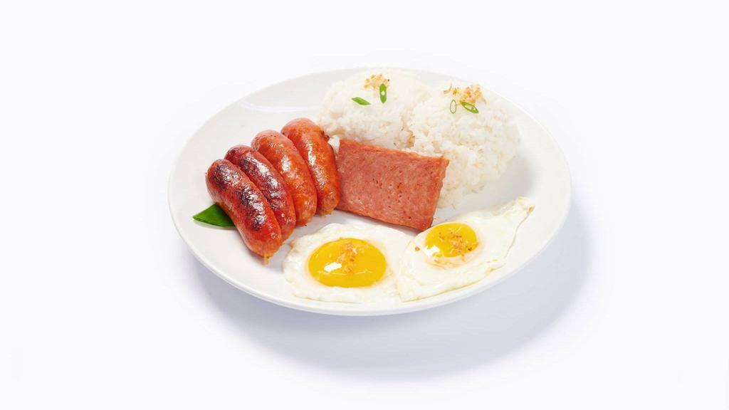 B1 Longanisa Spam & Egg · 2 Sweet Longanisa, 1 spam, 2 eggs, 2 scoops Rice, Vinegar Sauce