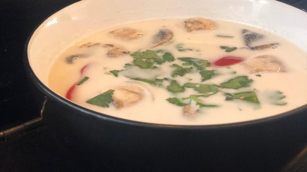 Tom Kha Soup · Spicy. Chicken soup with mushroom, galangal and coconut milk.