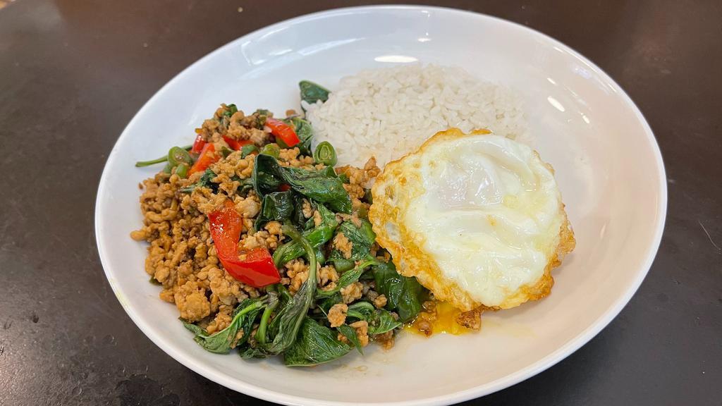 Krapow Sub Over Rice · Spicy. With chili, garlic and basil leave over rice. fried egg on top