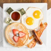Special Pancake Platter · Pancake with strawberry topping, sausage, bacon and fried eggs