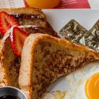 French Toast Platter · Toasted wheat bread with two eggs.
