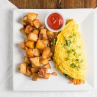 Eastern Omelet · Corn, tomato, spinach, mozzarella with home fries