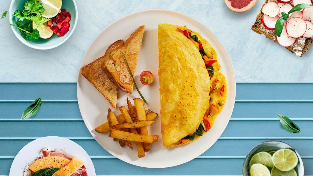 Veggie Omelette · Mushroom, onion, pepper, broccoli, tomato, and cheddar cheese served with home fries and toast.