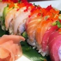 Rainbow Roll · A colorful assortment of sashimi over california roll.