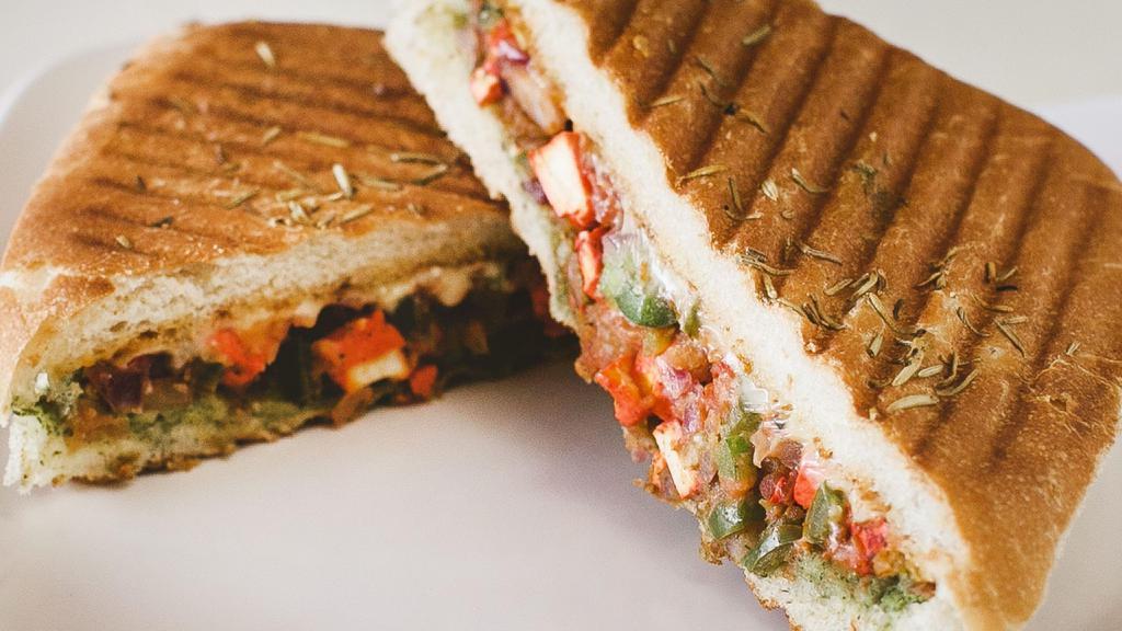 P3 Paneer  Panini · Cottage cheese in creamy tandoori sauce with tomatoes, lettuce and green peppers, garlic mint chutney.