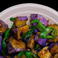 Spicy Eggplant Bowl · Fried Chinese Eggplant and hot peppers in a spicy bean sauce on top of rice.