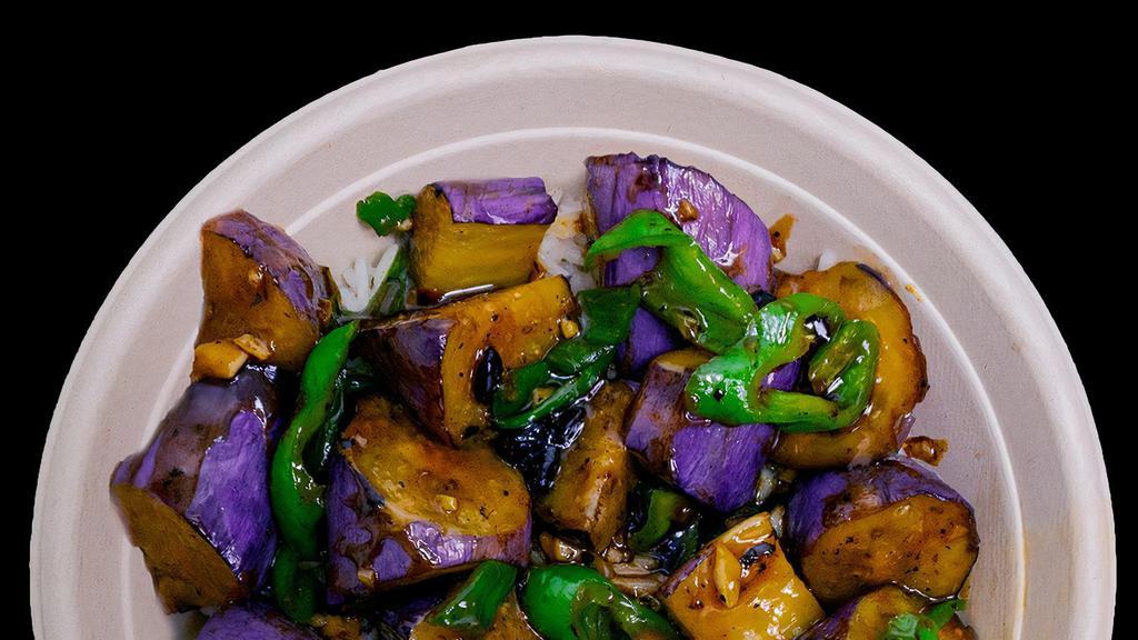 Spicy Eggplant Bowl · Fried Chinese Eggplant and hot peppers in a spicy bean sauce on top of rice.