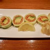 Salmon Avocado Naruto Roll · Salmon and avocado rolled in cucumber.