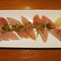 Blackened White Tuna · Seared white tuna sashimi with miso yuzu sauce.