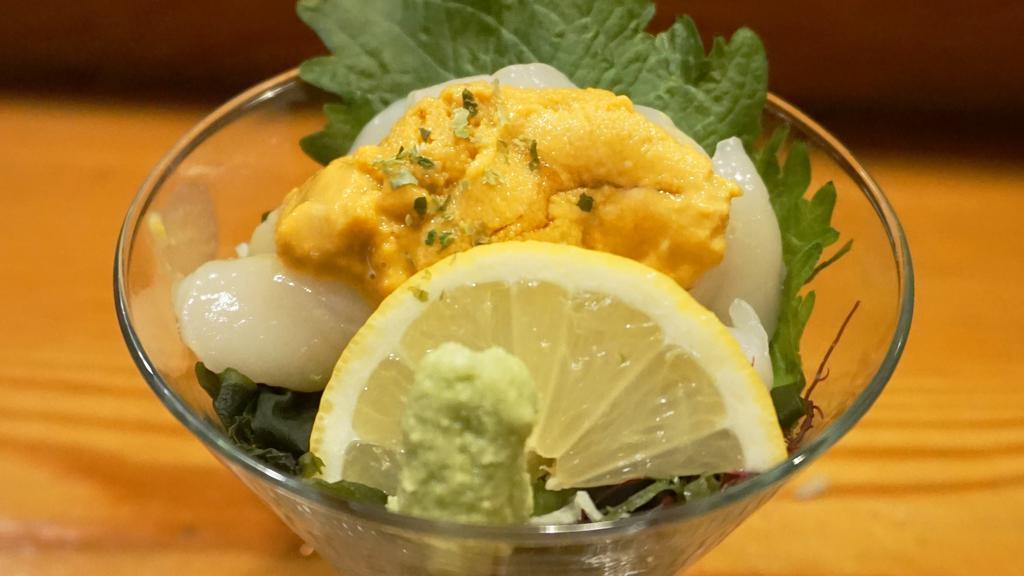 Hotate & Uni Apptizer · Scallop and sea urchin sashimi style.