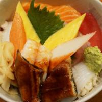 Chirashi · Tuna, yellowtail, white tuna, squid, octopus, salmon, shrimp, eel, mackerel, fluke, omelet a...