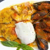 Hot Antipasto · Baked Clams, shrimp, mussels, eggplant rollatini.