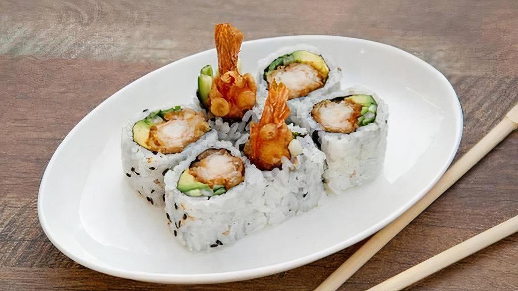 Shrimp Tempura Roll · Served with avocado and cucumber.