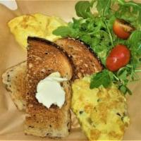 Mushroom Omelette · Parmesan Cheese, Egg, Onion, Bell Peppers, Mushroom, Spinach with toasted bread