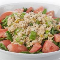 Sicilian Tuna Salad · Olive-oil tuna, onions, red peppers, tomatoes, capers, green olives and arugula