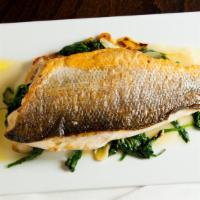 Mediterranean Branzino · Sea Bass Filet with Sautéed Spinach, Pine Nuts & Celery Root Puree