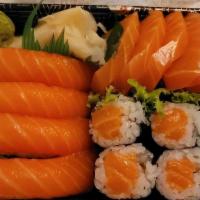 Salmon Lover · Six pieces salmon sashimi, four pieces salmon sushi and salmon roll