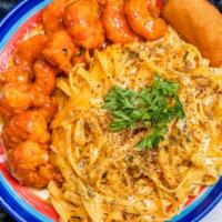 Evey'S Itis Pasta And Shrimps · Evey's pasta with jumbo tiger shrimps sweet red yellow orange green peppers onions cilantro ...