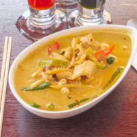  Green Curry · Spicy. Green curry with coconut milk, green beans, bell peppers, bamboo shoots, carrots and ...