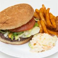 Cheese Burger Deluxe · Served with lettuce and tomatoes. Includes side of french fries or onion rings and a 12 oz. ...