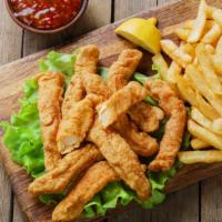 Chicken Fingers With Fries · Crispy golden chicken fingers, served with fries.