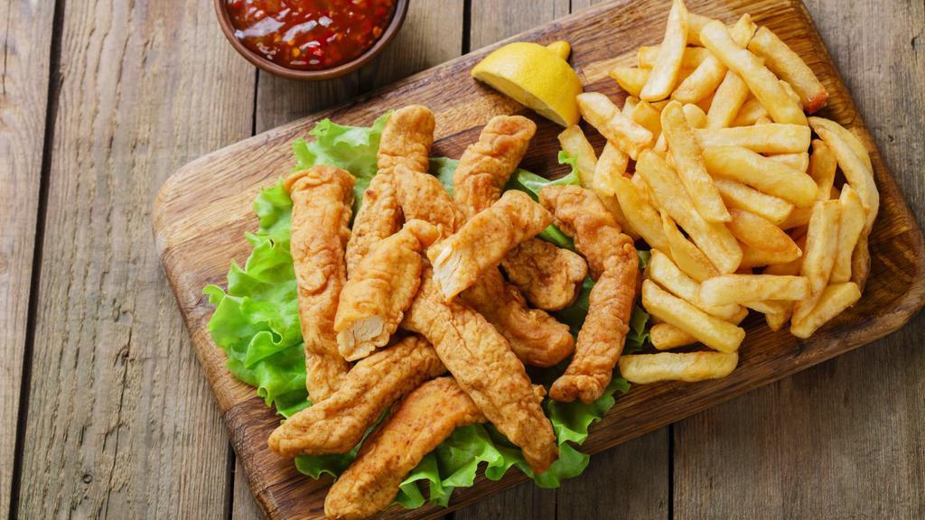 Chicken Fingers With Fries · Crispy golden chicken fingers, served with fries.