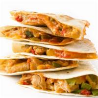 Chicken Quesadilla · Delicious quesadilla with Chicken, grilled peppers, grilled onions, cheddar cheese, jack che...