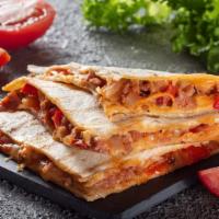 Bacon Steak Quesadilla · Crispy Bacon Steak Quesadilla with grilled peppers, grilled onions, cheddar cheese, jack che...