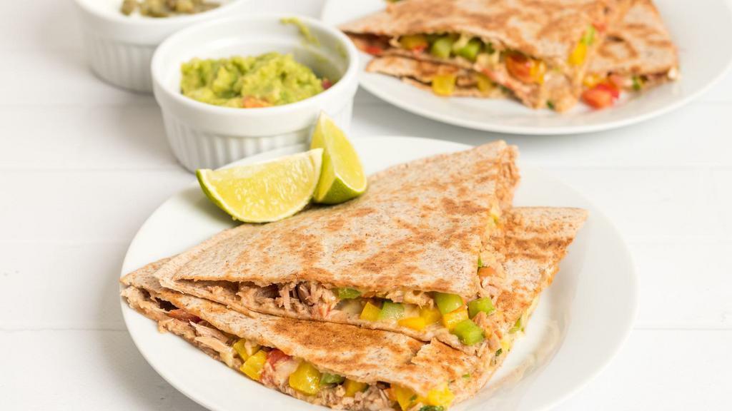 Jalapeño Bacon Steak Quesadilla · Crispy Bacon Quesadilla with grilled peppers, grilled onions, cheddar cheese, jack cheese, salsa & sour cream with a kick of spiciness.