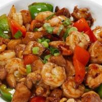 Double Treasure 宫保双鲜 · Mildly Spicy Kung Pao Sauce Chicken & Shrimp stir fried with bell peppers and Topped with Pe...