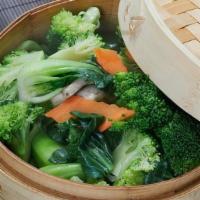Steamed Mixed Vegetables 清蒸素什锦 · All steamed, Comes with brown sauce on the side