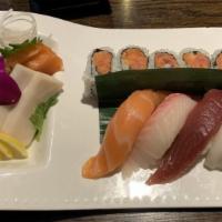 Sushi Sashimi For 1 · Twelve pieces sashimi and five pieces sushi with one California roll. Served with miso soup ...
