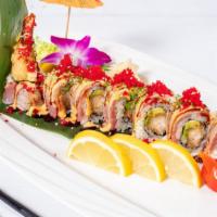 Black Dragon Roll · Tuna, salmon and avocado inside, topped with eel.
